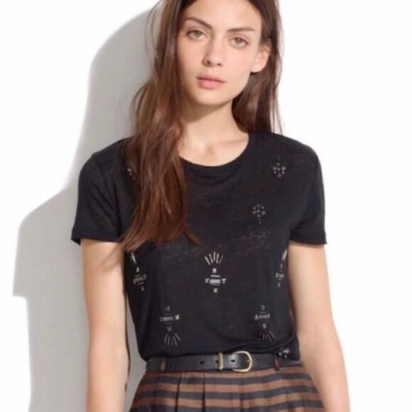 Madewell Black lightweight t shirt top with silver beaded front detailing - Picture 1 of 9